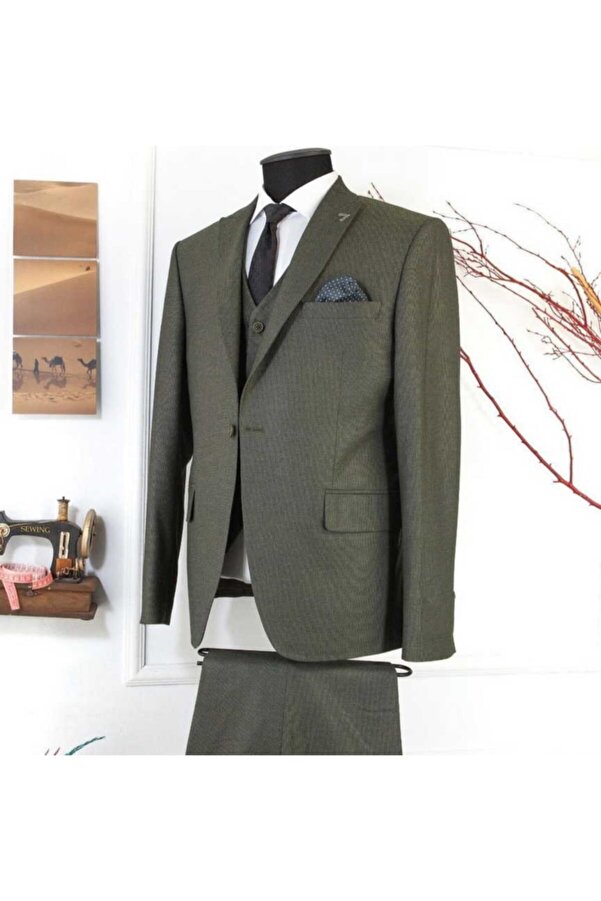 0317 Yeşil Nokta Desenli 6 Drop Klasik Erkek Takım Elbise Fahrettin Moda