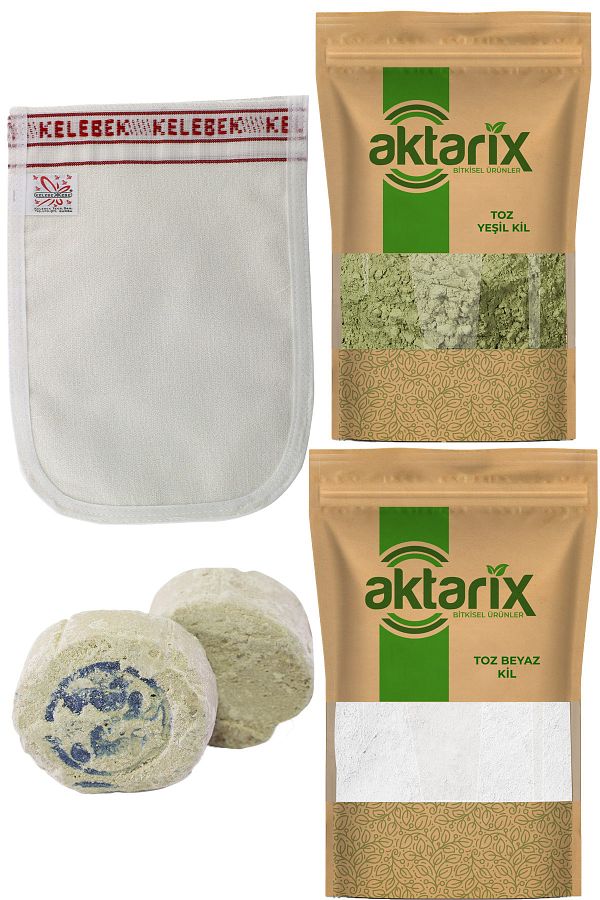 100 Gr Toz Yeşil Kil + 100 Gr Toz Beyaz Kil + Kalın Banyo Kesesi + 2 Adet Ruşur Taşı