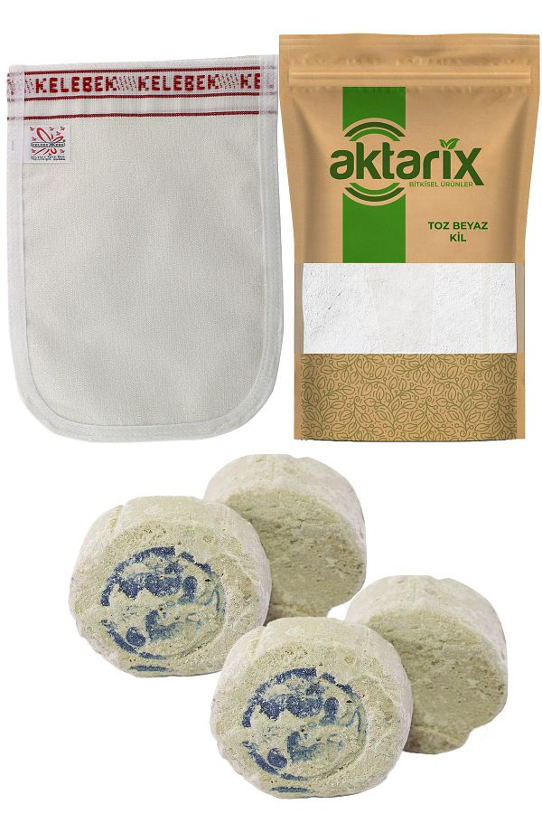 3 Adet Ruşur Taşı + Kalın Banyo Kesesi + 150 Gr Toz Beyaz Kil