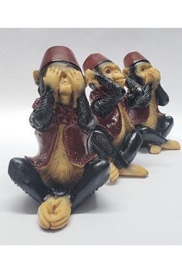 Otantik Fes Takmış Dekoratif Üç Maymun Biblo Mercan Oyuncak