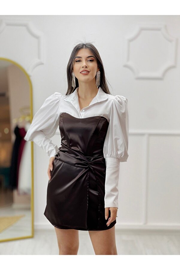 Bronz Kahve Saten Balenli Mini Elbise