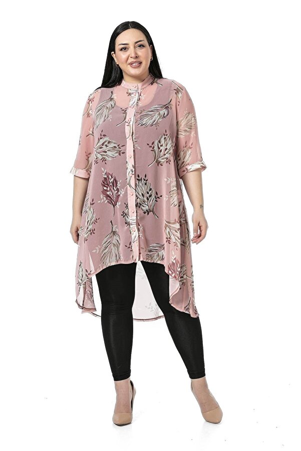 High Neck Short Sleeve Longer-back Chiffon Tunic Shirt — Pink