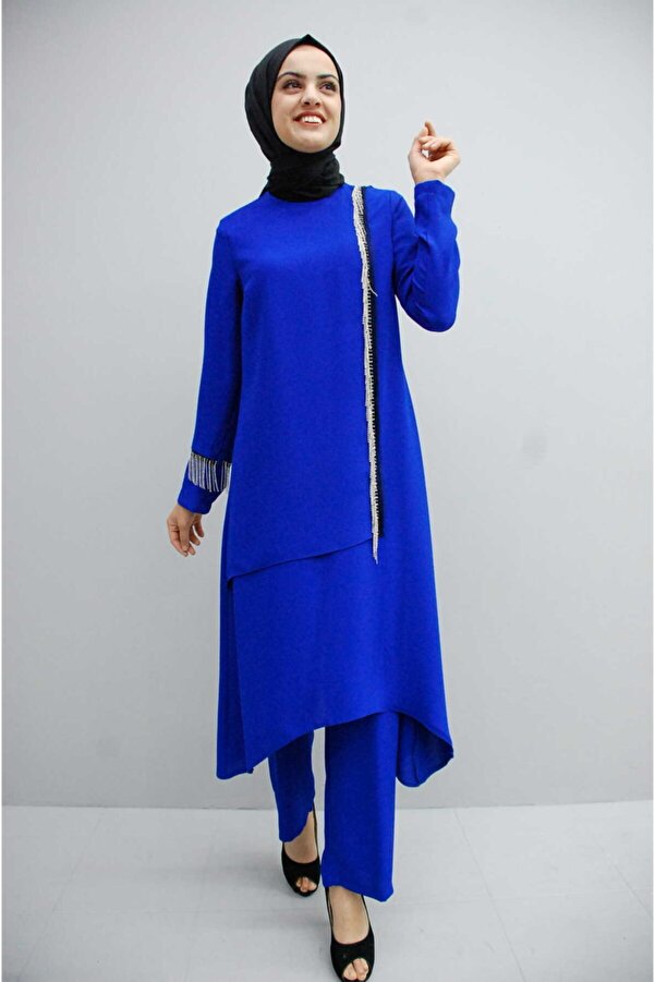 210419 Saks Mavi Taş Ve Püskül Detaylı Tunik Takım Fahrettin Moda