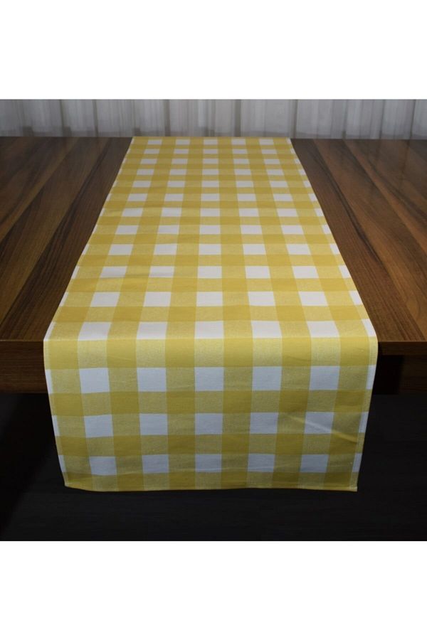 Runner 40x140 Cm 1. Kalite Duck Keten Kumaş Sarı Ekose Desenli Dertsiz Kumaş