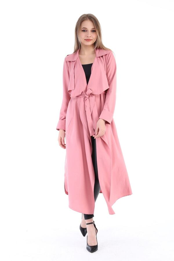 Epaulette-detail Side-slit Belted Long Jacket — Pink
