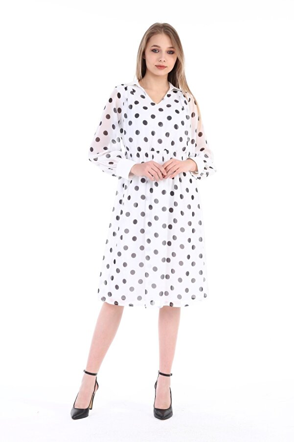 Shirt Collar Shoulder Shirred Cuffed Lined Chiffon Polka-dot Dress — White
