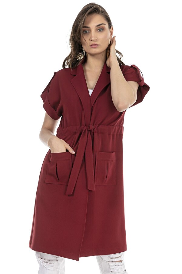 Mono Neck Waist Drawstring with Pockets Epaulette-detail Short Sleeve Unlined Vest &mdash; Burgundy