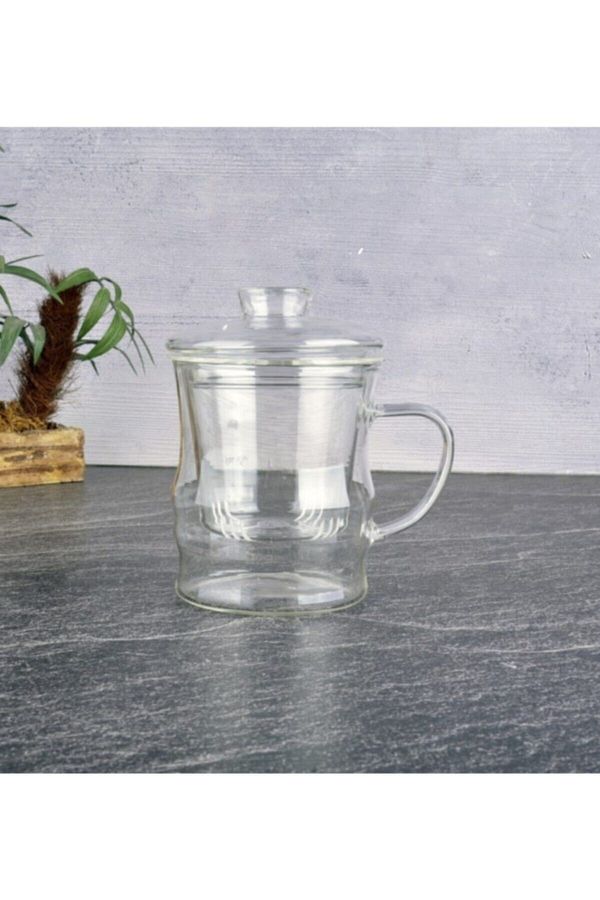 Cam Kapaklı Demleme Süzgeçli Isıya Dayanıklı Kupa 350 ml