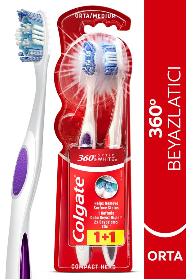 360 Optik Beyaz Dil ve Yanak Temizleyicili Orta Beyazlatıcı Diş Fırçası 1+1 Madam10