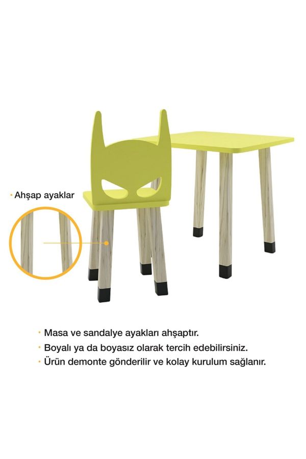 Ahşap Çocuk Oyun Ve Aktivite Masa Sandalye Takımı - Ahşap - Batman - Sarı_4