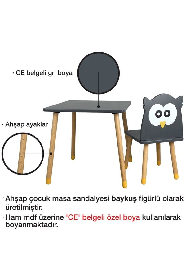 Ahşap Çocuk Oyun Ve Aktivite Masa Sandalye Takımı - Ahşap - Baykuş- Gri_4