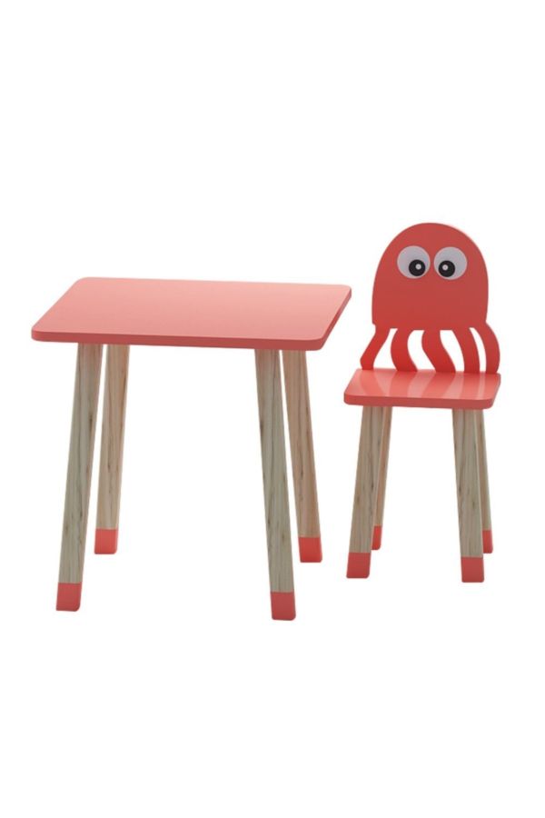 Ahşap Çocuk Oyun Ve Aktivite Masa Sandalye Takımı - Ahtapot - Kırmızı