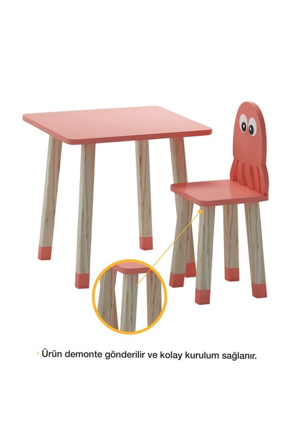 Ahşap Çocuk Oyun Ve Aktivite Masa Sandalye Takımı - Ahtapot - Kırmızı_3