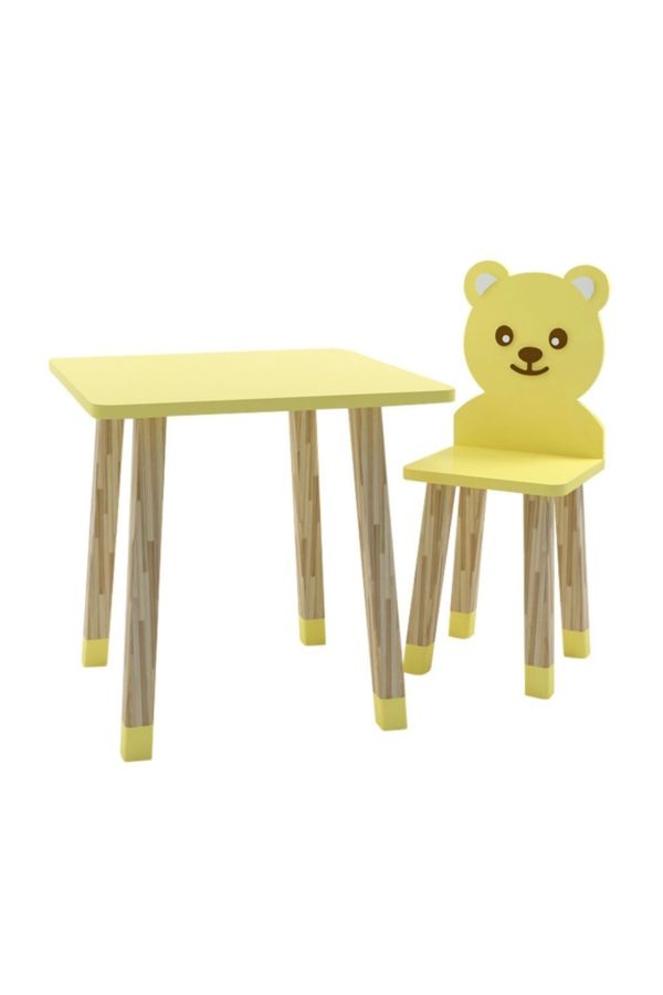 Ahşap Çocuk Oyun Ve Aktivite Masa Sandalye Takımı - Ahşap - Bear- Sarı