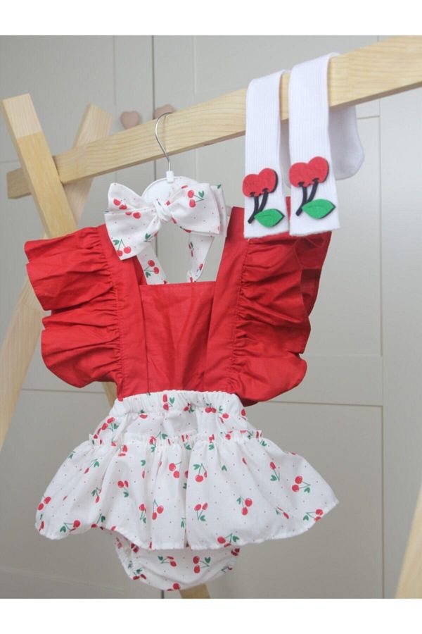 Kız Çocuk Kırmızı Kiraz Desenli Salopet Bandana Kiraz Çorap Set