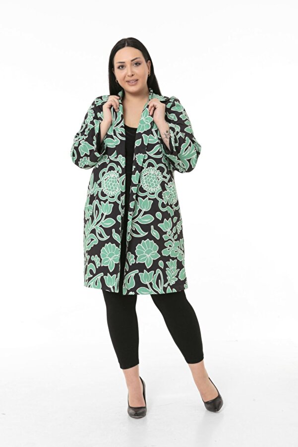 Mono Neck Sleeve Boyu Ankle Length Welt-pocket with Pockets Lined Floral Jacket — Green