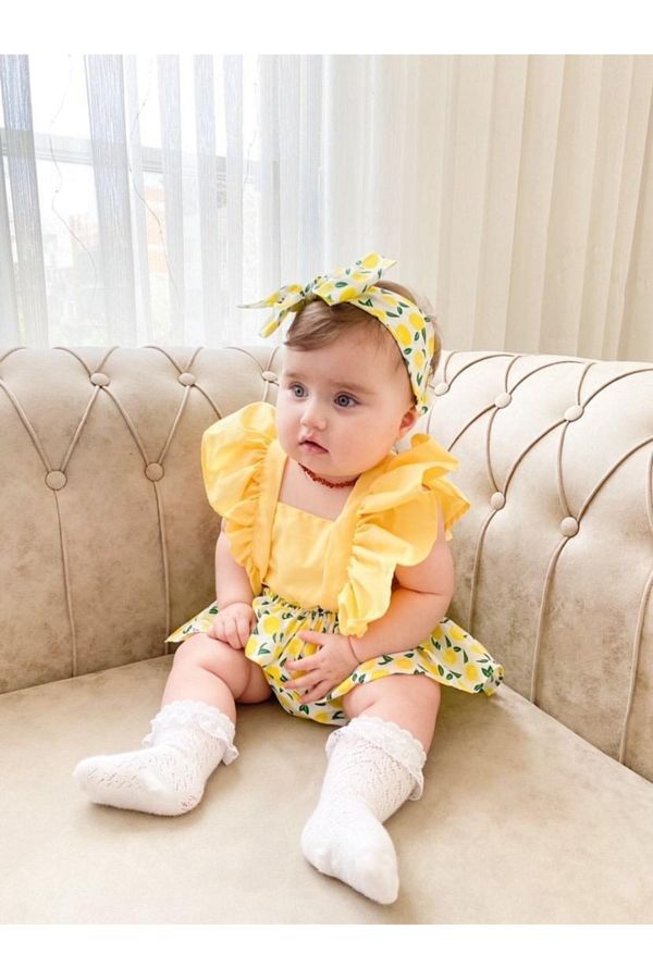 Kız Çocuk Sarı Limon Desen Meyve  Bandana Salopet Set