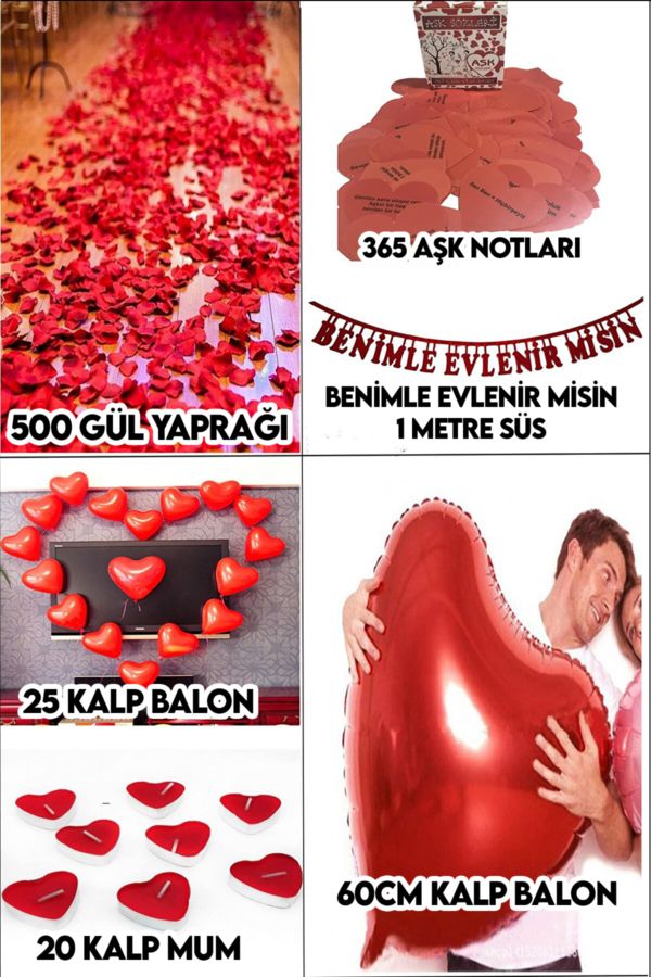 Evlilik Teklifi Paketi 500 Gül Yaprağı, Keçe Süs, Aşk Notu, 20 Kalp Mum, 25 Kalp Ve 60cm Kalp Balon