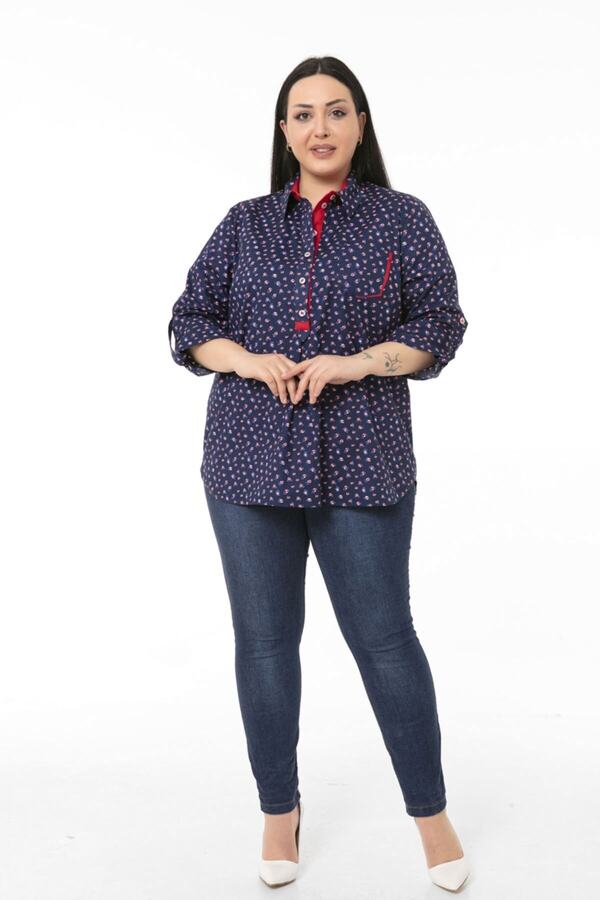 Floral Neck & Pocket Contrast-panel Epaulette-detail 3/4 Sleeve Shirt — Navy