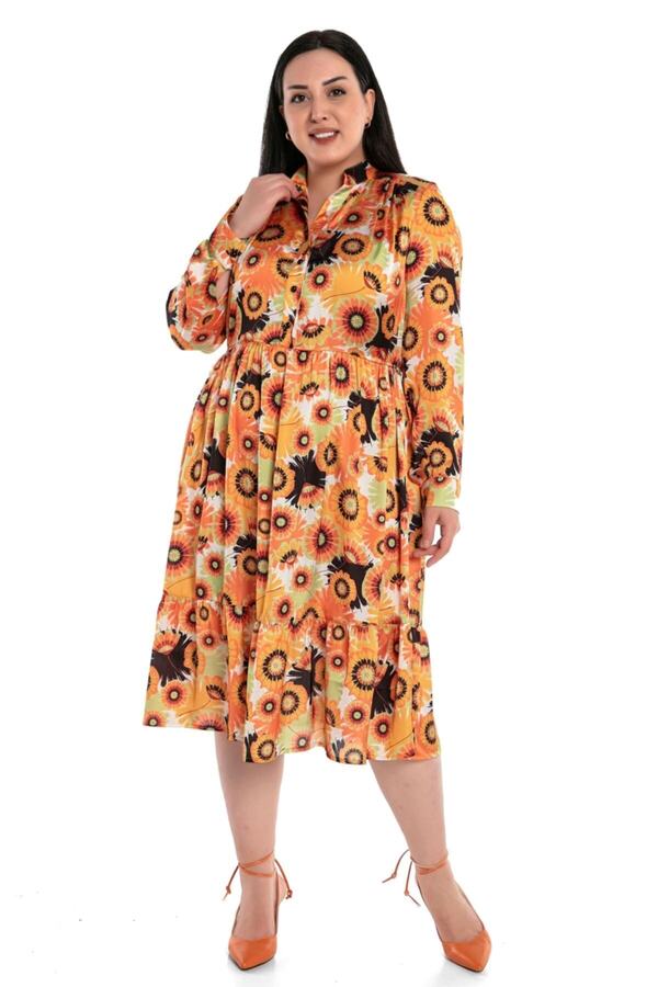 Mandarin Collar Waist Side Elasticated Yoke-detail Frilled Satin Midi Dress — Orange