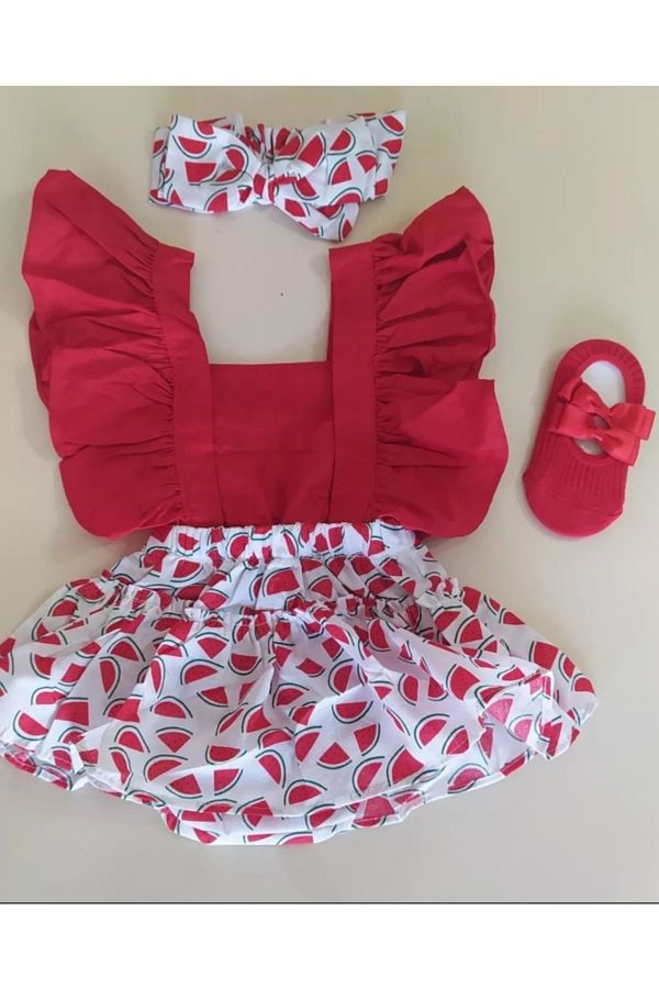 Kız Bebek Karpuz Salopet Bandana Çorap Takım
