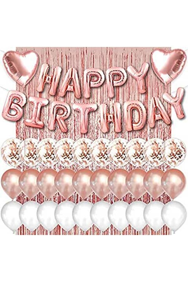 Rose Gold Pembe Happy Birthday Ve Kalp Folyo Ve 30 Rose Beyaz Şeffaf Balonlu Arka Fon Perde Set Parti Dolabı