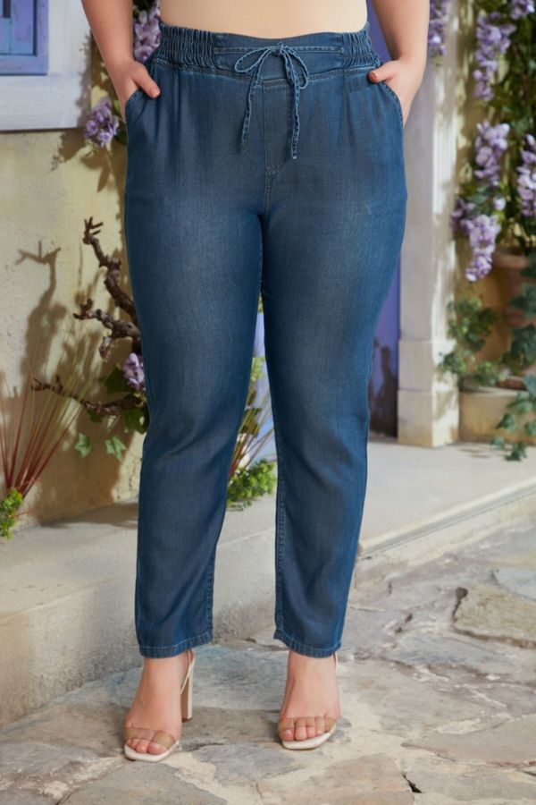 Bel Bağcık Detaylı Beli Lastikli Büyük Beden Mavi Pantolon