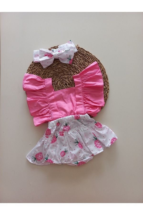 Ananas Desenli Kız Bebek Salopet Bandana Takım
