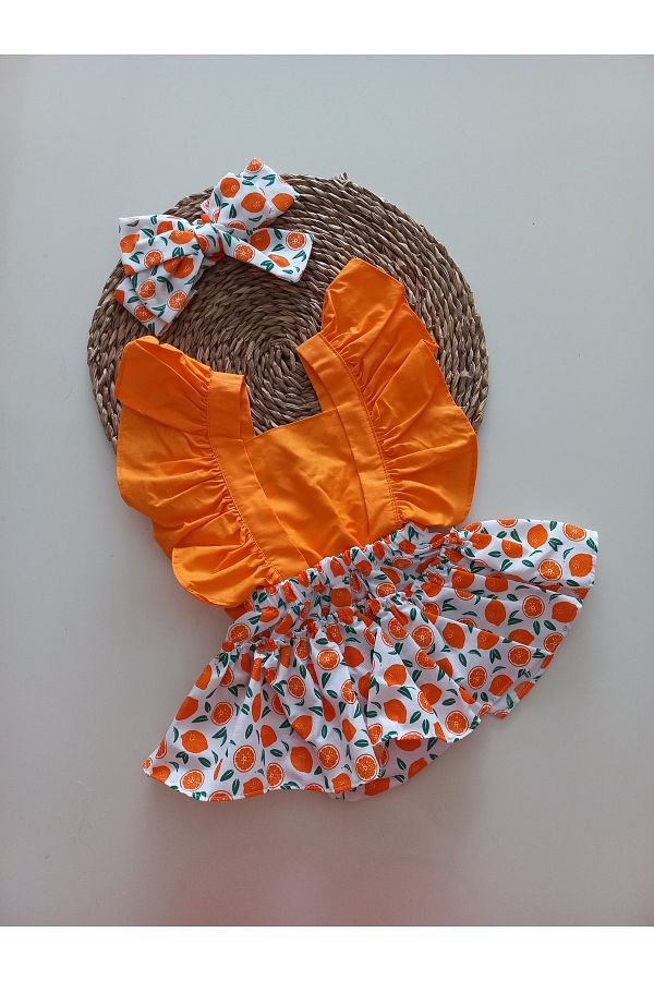 Portakal Desenli Kız Bebek Salopet Bandana Takım