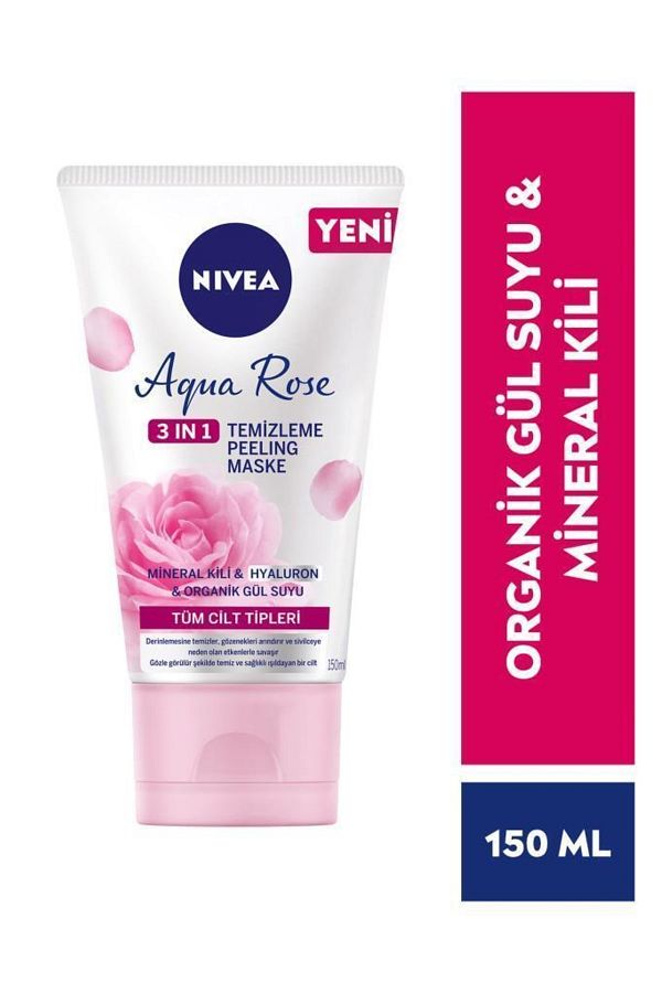 Aqua Rose 3ü1 arada Yüz Temizleme Peeling Maske,Organik Gül Suyu,Hyaluron,Mineral Kili 150ml