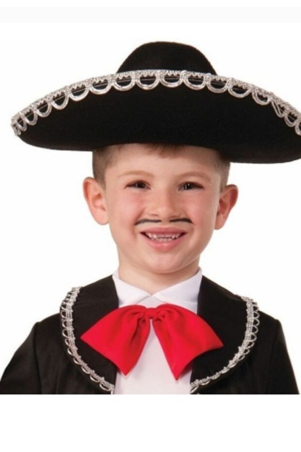 Çocuk Meksika Şapkası Gümüş Renk Şeritli Ispanyol Mariachi Latin Şapkası 55 cm