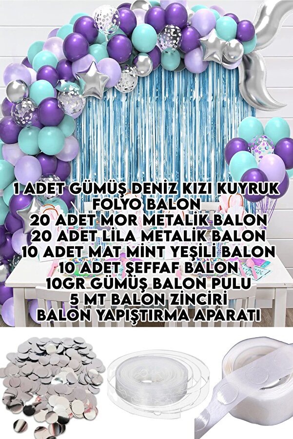 60 Balonlu Gümüş Deniz Kızı Kuyruk Folyo Balonlu Balon Zinciri Doğum Günü Süs Dekorasyon Parti Seti Parti Dolabı