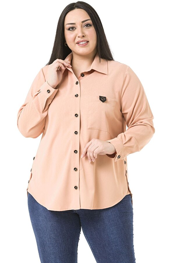Leather-look Flap-pocket Side Açılabilir Button-detail Longer-back Shirt — Salmon