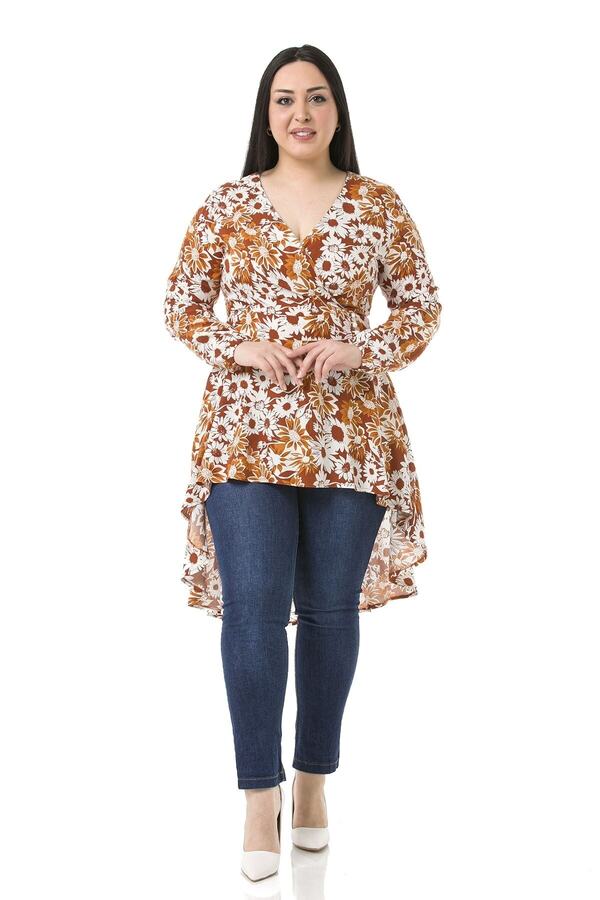 Wrap-front Sleeve Opening Elasticated Back-zip Longer-back Floral Tunic — Brown