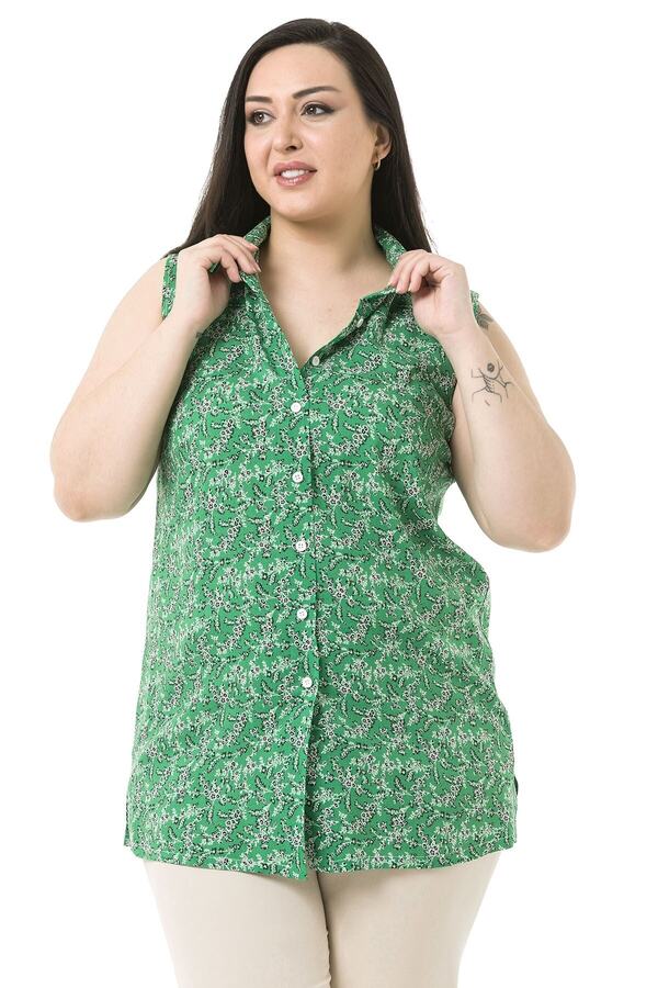 Side-slit Small Floral Sleeveless Shirt — Green
