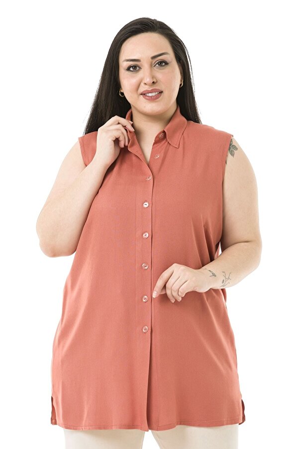 Side-slit Shirt Collar Sleeveless Shirt — Brick