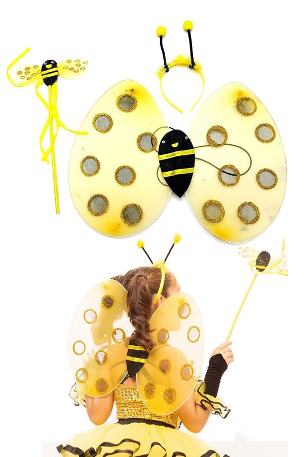Sarı Arı Kanadı Tacı Asası Kostüm Set 23 Nisan Gösteri Çocuk Parti Arı Kanat Taç Seti