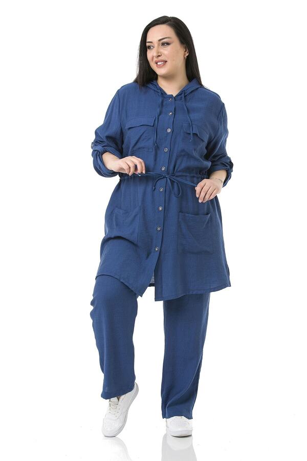 Hooded Waist Drawstring with Pockets Side-slit Aerobin Indigo Jacket — Indigo
