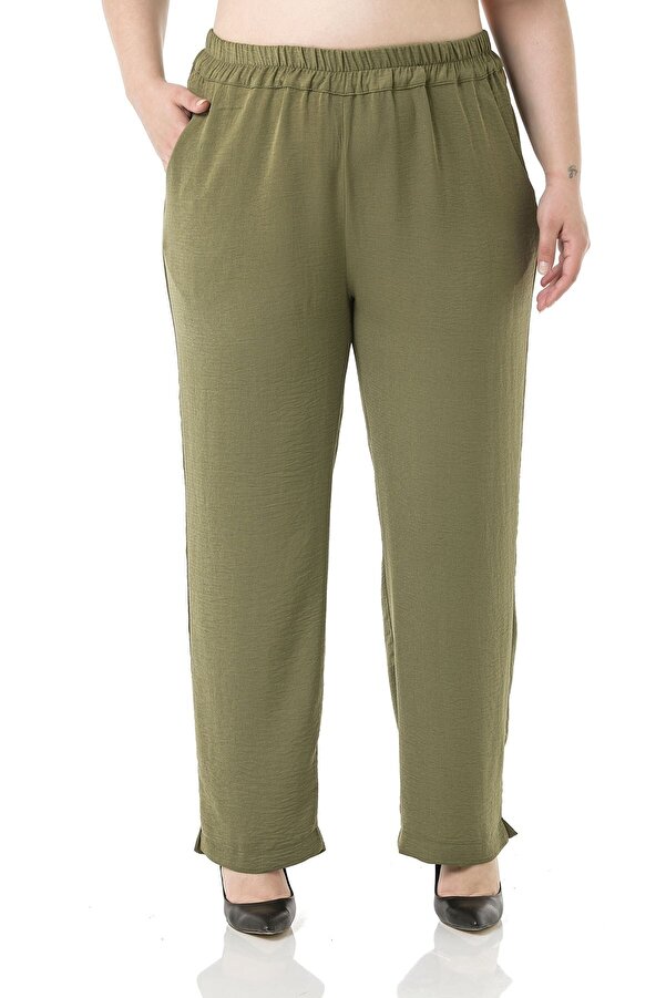 Elastic-waist with Pockets Slit-hem Linen Aerobin Trousers — Khaki