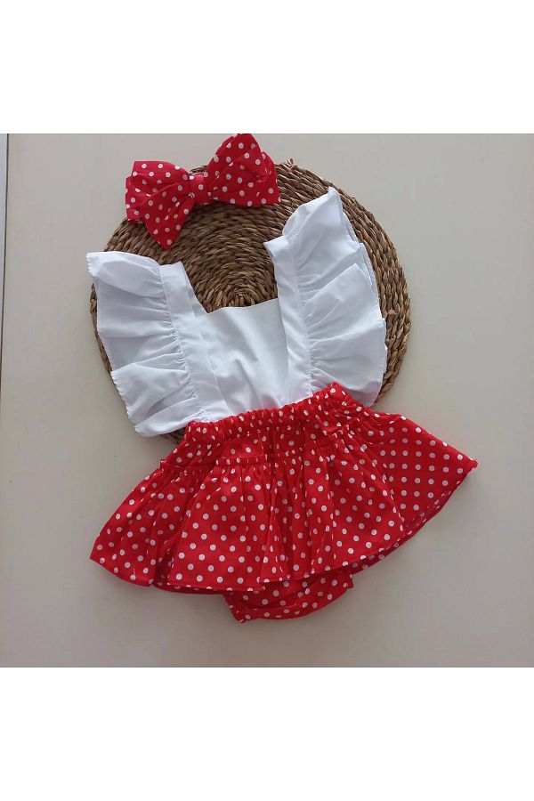 Kırmızı Puantiyeli Kız Bebek Salopet Bandana Takım