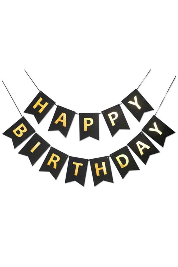 Happy Birthday Banner Siyah Altın Karton Yazı Duvar Süsü