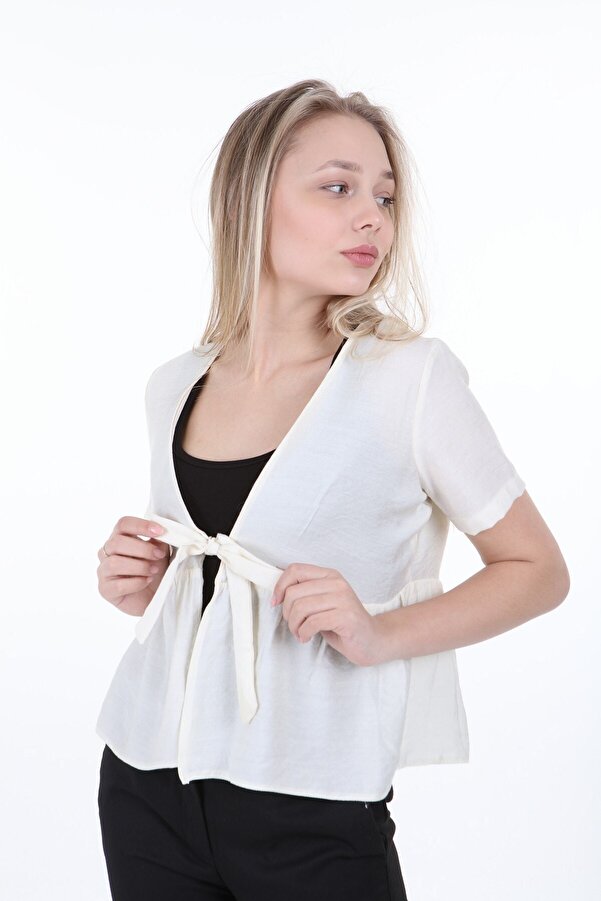 Tie-front Half Sleeve Bolero — Ecru