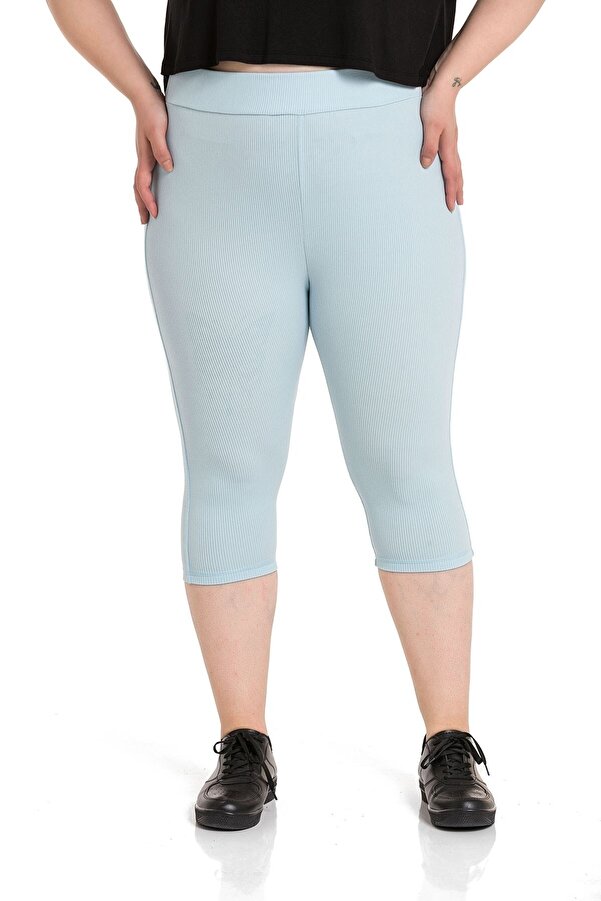 Ribbed Elastic-waist Ruched Stitched Knee Under Bayan Leggings — Baby Blue