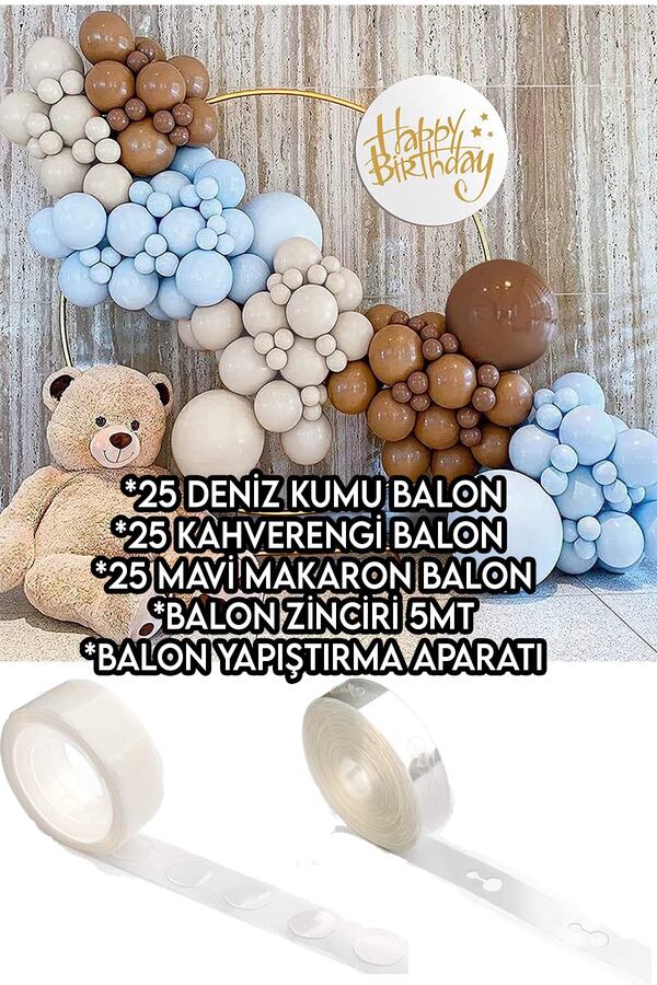 75li Balon Seti 25 Deniz Kumu + 25 Kahverengi + 25 Makaron Mavi Mat Pastel Soft Balon Zinciri 1 Yaş_1