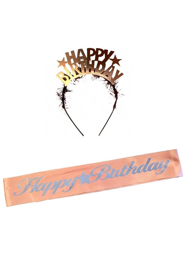 Happy Birthday Yazılı Rosegold Taç Kuşak Seti 2’li Doğum Günü Set