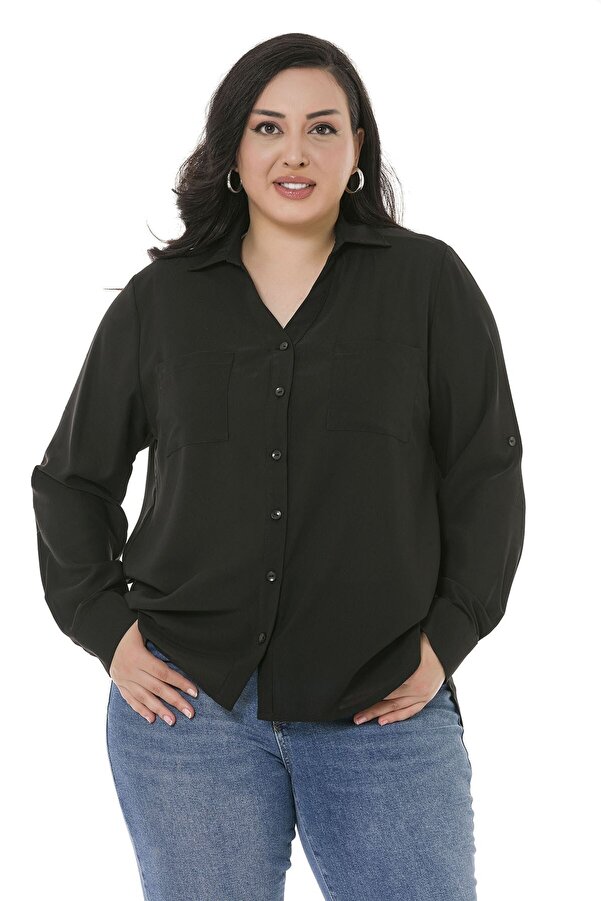 Fold-detail Sleeve Two-pocket Back Shirred Longer-back Shirt &mdash; Black