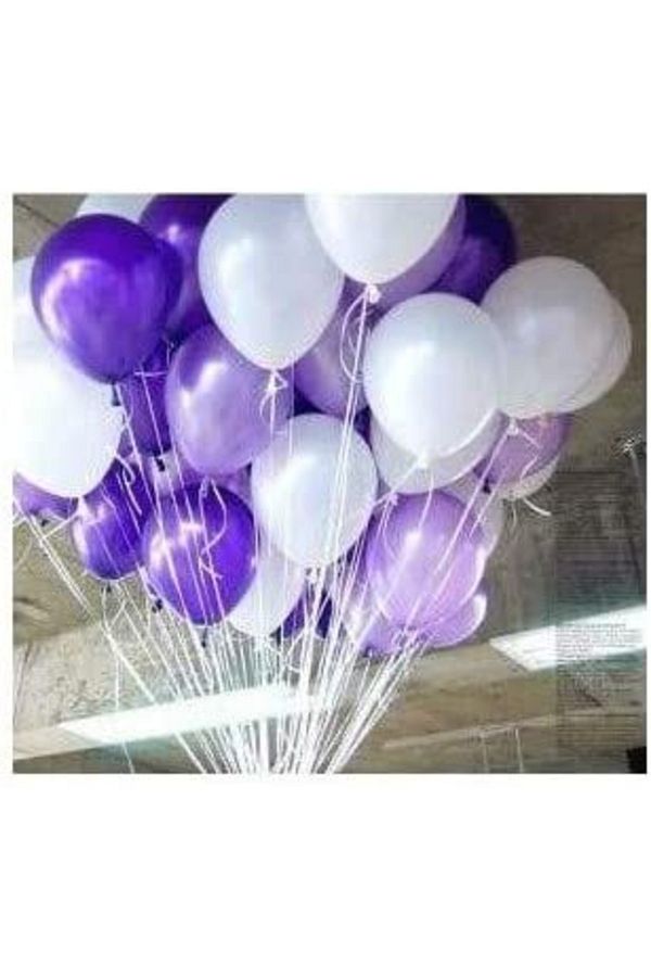 25 Adet Metalik Sedefli (mor-beyaz) Karışık Balon Helyumla Uçan