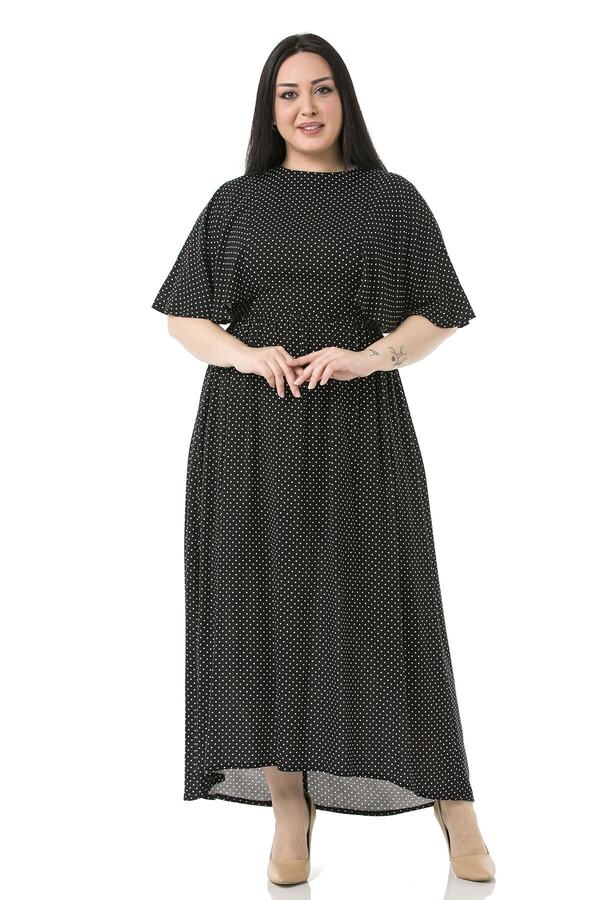 Small Polka-dot Cape Sleeve Back-zip Long Dress — Black