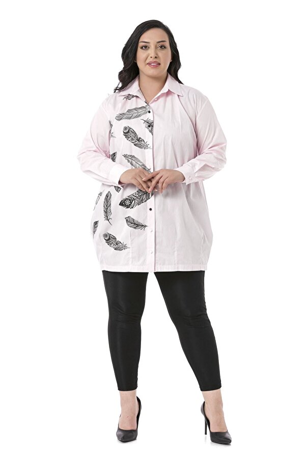 Feather Printed Half Balloon Fit Hem Stitched Shirt — Pink
