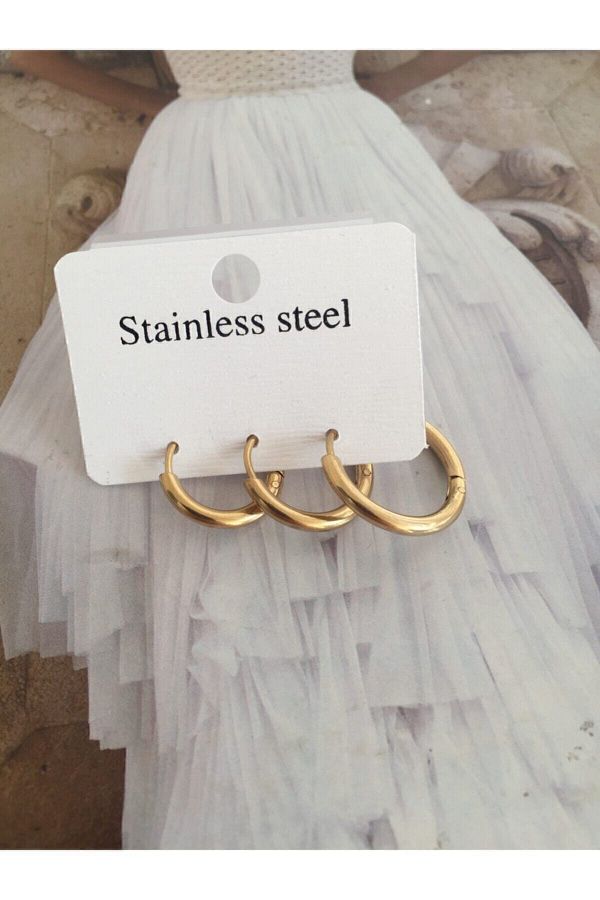 Çelik Gold Renk  Halka Küpe Seti 3 Lü ARES COLLECTION